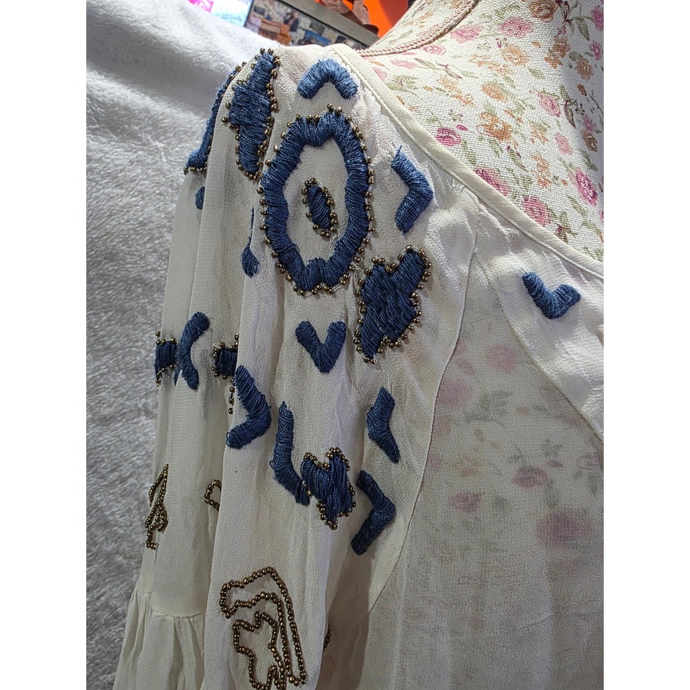 Boho Embroidered Beaded Bell Sleeve Tassel Peasant Blouse Romantic Cottagecore - Picture 6 of 9